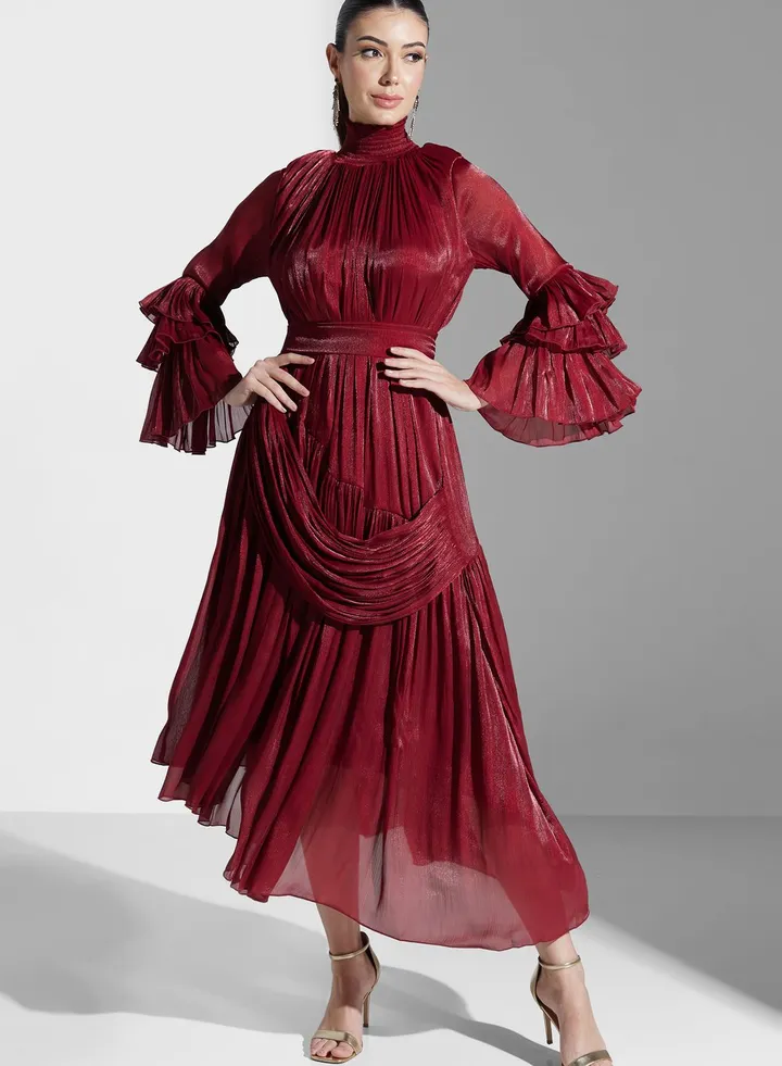 Frill Sleeve Ruched Detail Dress