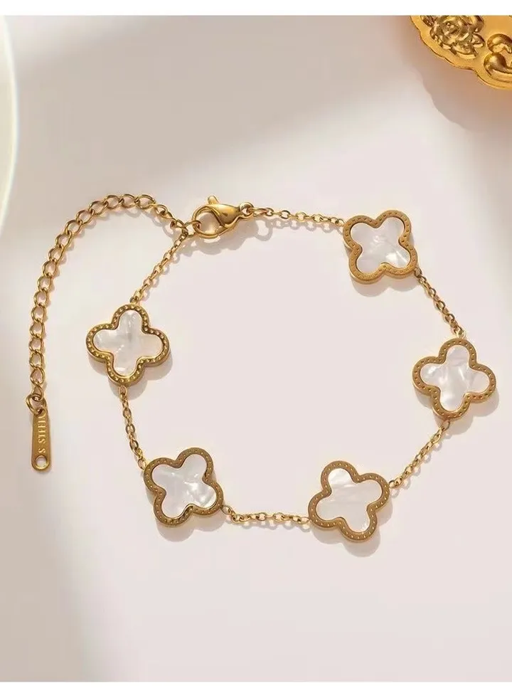 Women's 18k Gold White Petal Bracelet, Van Cleef Collection, Four Leaf Clover, White