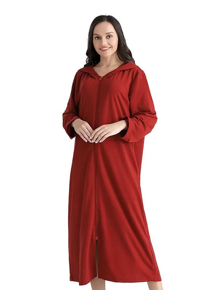 Fashion Women Long zip-up bathrobe with hood, perfect for vacations by the sea, and beach vacations