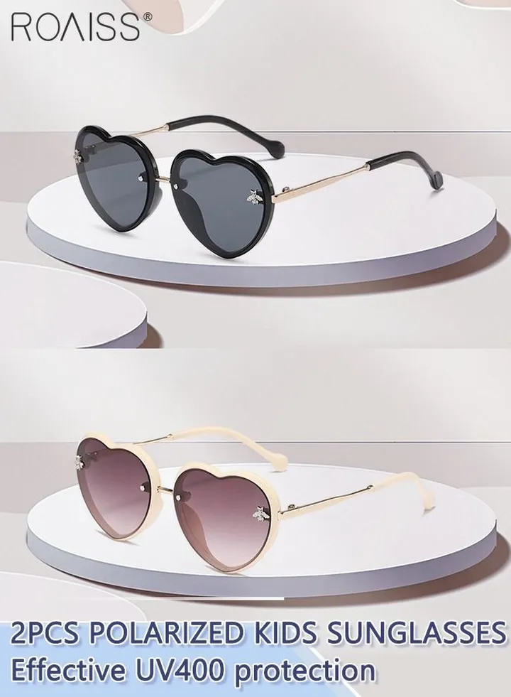 2PCS Polarized Kids Sunglasses UV Protection Baby Cartoon Heart Shape Sun Glasses with Metal Frame for Boys Girls and Children Age 4-8, Black and White
