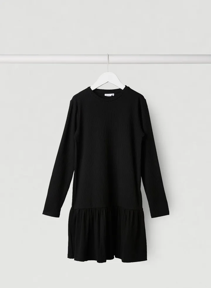 Pleated Long Sleeve Midi Dress Black