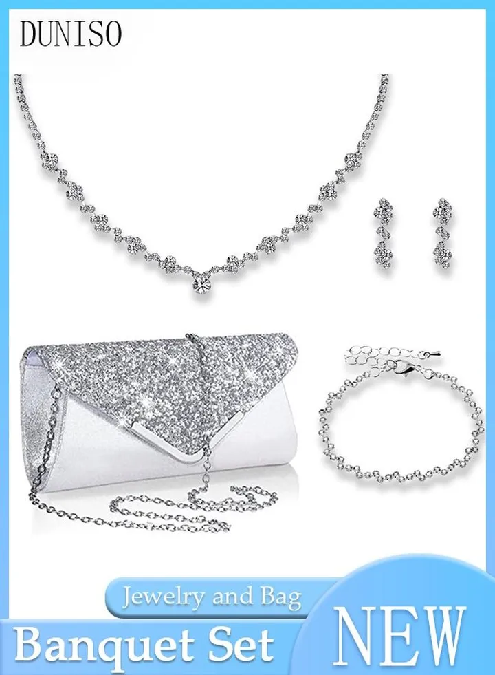 4 Pcs Silver Rhinestone Jewelry Set for Women Glitter Evening Clutch Envelope Purse Wavy Design Necklace Earrings Bracelet Set for Ladies Dinner Party Date Wedding
