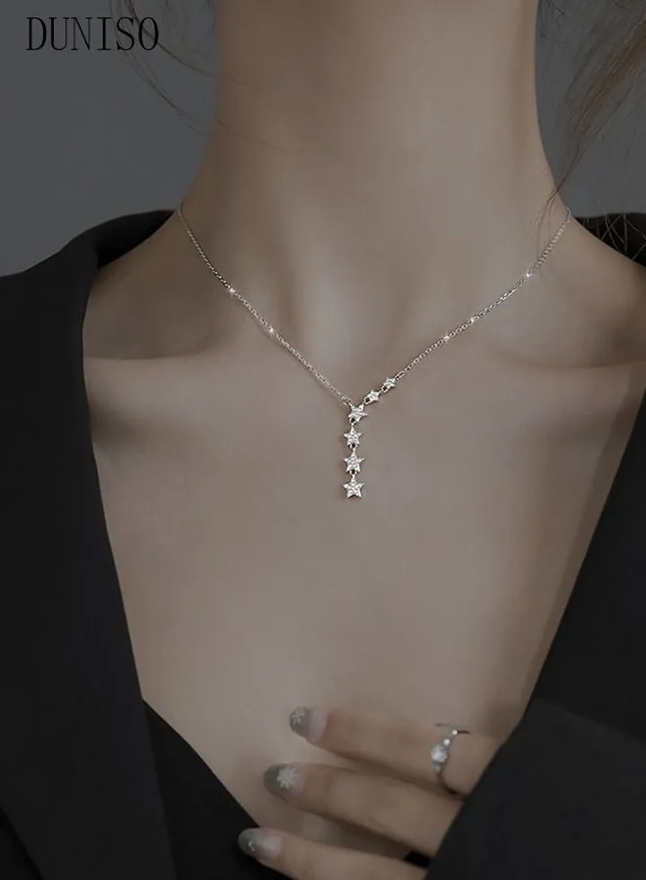 Star Y Necklace 925 Sterling Silver Star Choker Necklace Silver Crystal Star Drop Choker Chain Pendant Necklace Simple Necklace Chain Jewelry for Women Teen Girls
