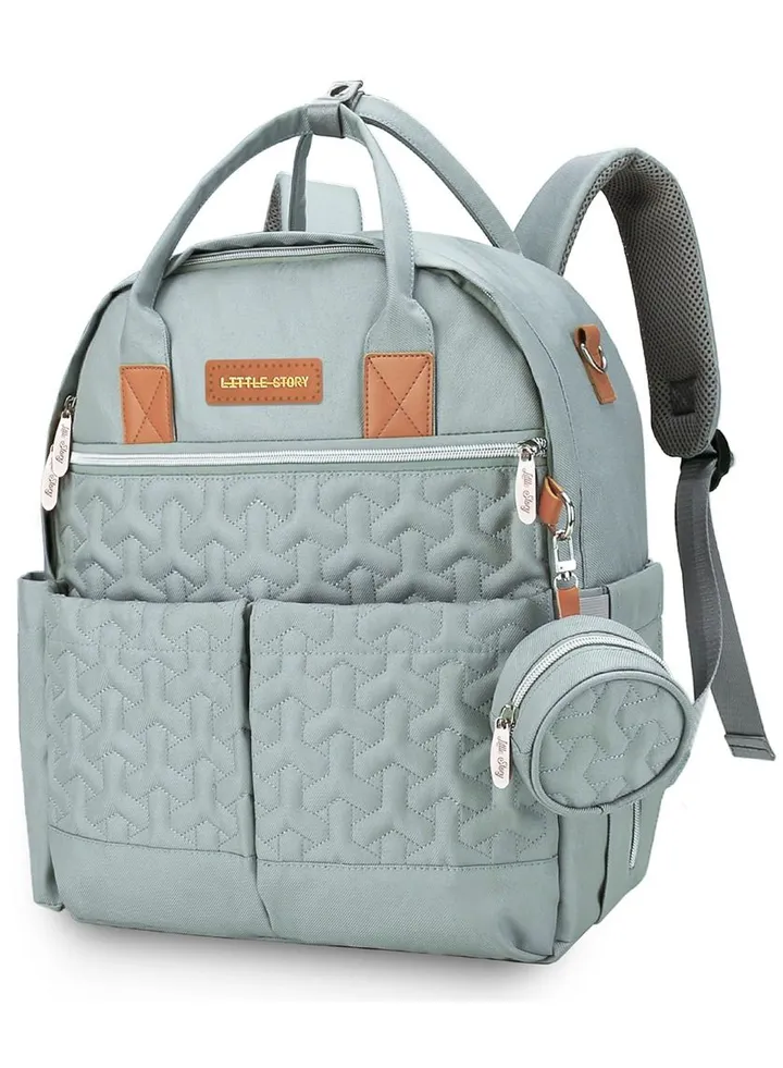 Quilted Diaper Backpack With Pacifier Bag And Stroller Hooks - Wedgewood Green
