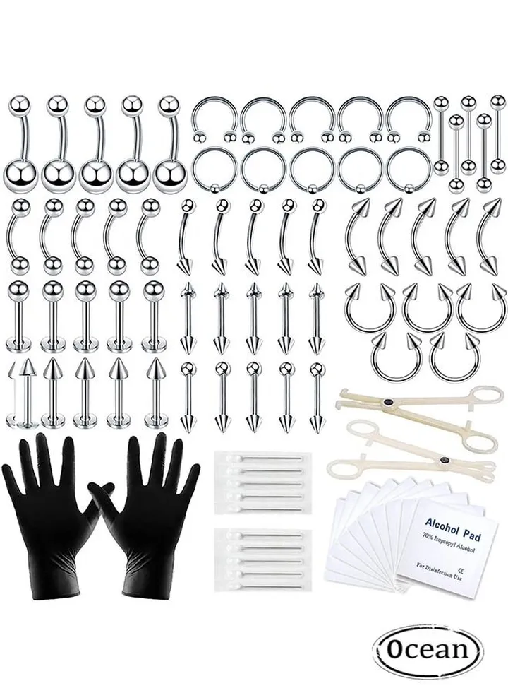 Piercing Kit 14G, 84Pcs 16G Nose Septum Rings Piercing Jewelry for Ear Lip Belly Button Tongue Tragus Cartilage Body Piercing Tools Kit with Piercing Needle Silver