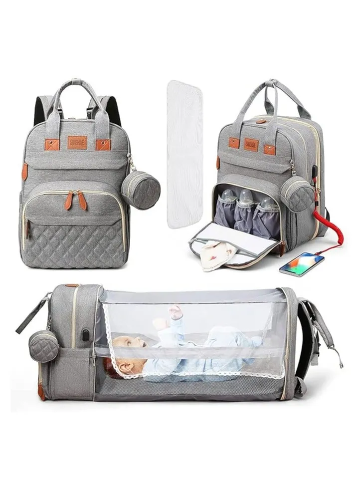 Diaper Bag Backpack with Changing Station, Baby for Boy Girl Multifunctional Large with Bassinet Stroller Straps - Grey