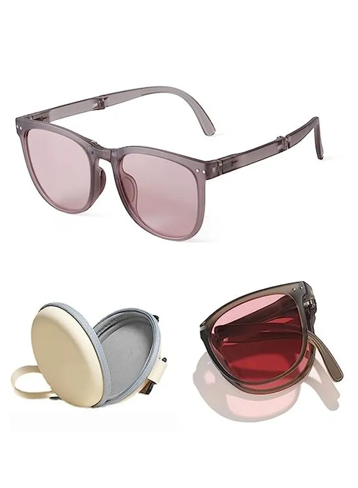 Foldable Sunglasses For Women Men, Square Folding Easy Carry Shades UV400 Protection Lens Suitable for running, driving, traveling,hiking and other outdoor sports-Grey pink