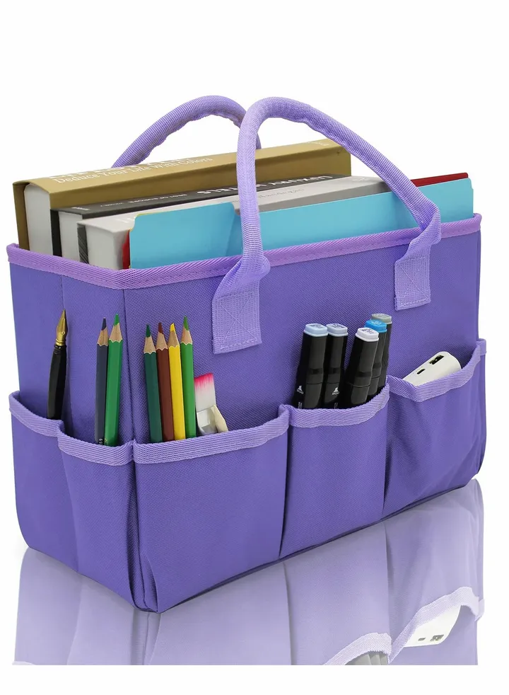 Organizer Storage Tote Bag for Art and Craft Supplies with Pockets, Purple Oxford Tote Bag for Artist, Kid, Teacher