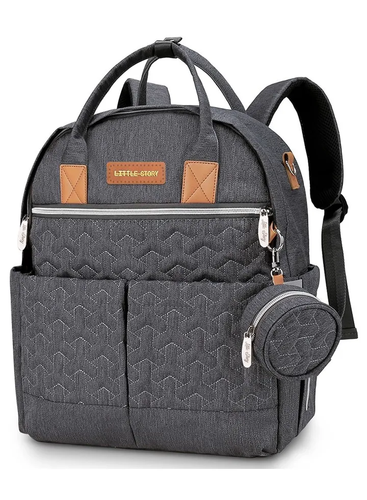 Quilted Diaper Backpack With Pacifier Bag And Stroller Hooks - Grey