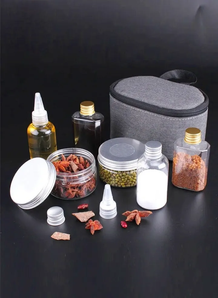 7-Pieces Portable Spice Seasoning Jars Pouch BBQ Organizer Condiment Bottles Set Travel Containers With Carry Bag For Camping Barbecue Picnic Outdoor BBQ Set