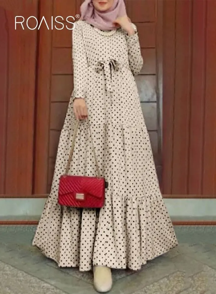 Women's Long Sleeve Vintage Polka Dot Robe Long Skirt Fashion Belt Large Hem Islamic Muslim Clothing