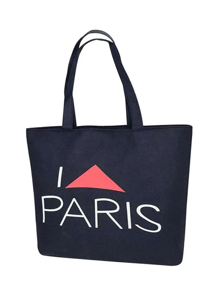 Printed Zipper Tote Bag Black