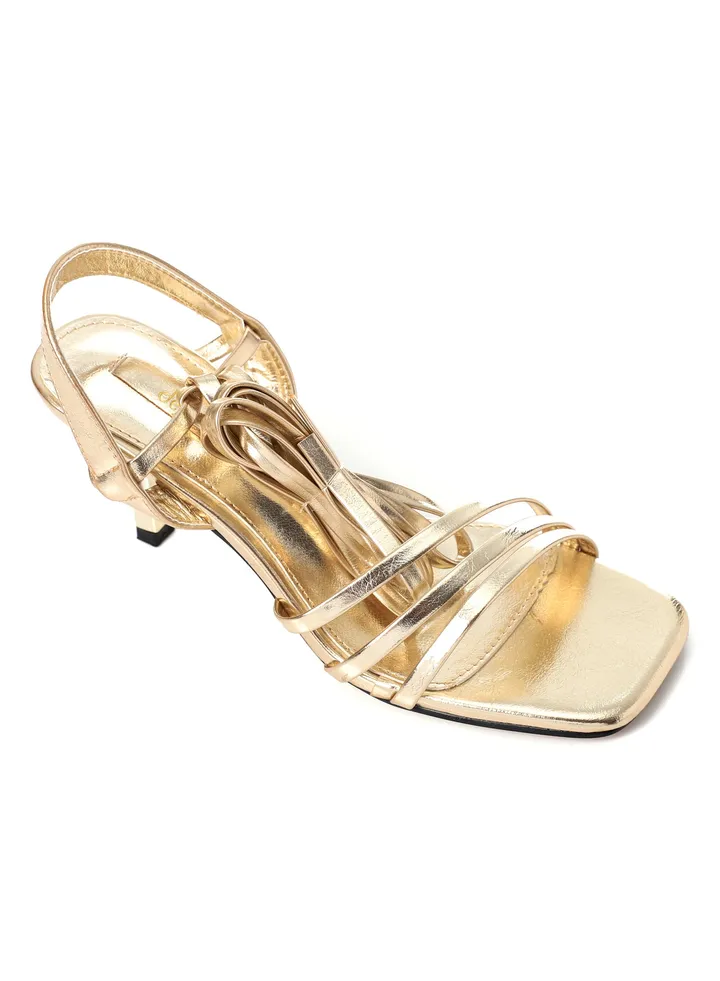Medium Heeled Gold Leather Plain Sandals With Lace Closure