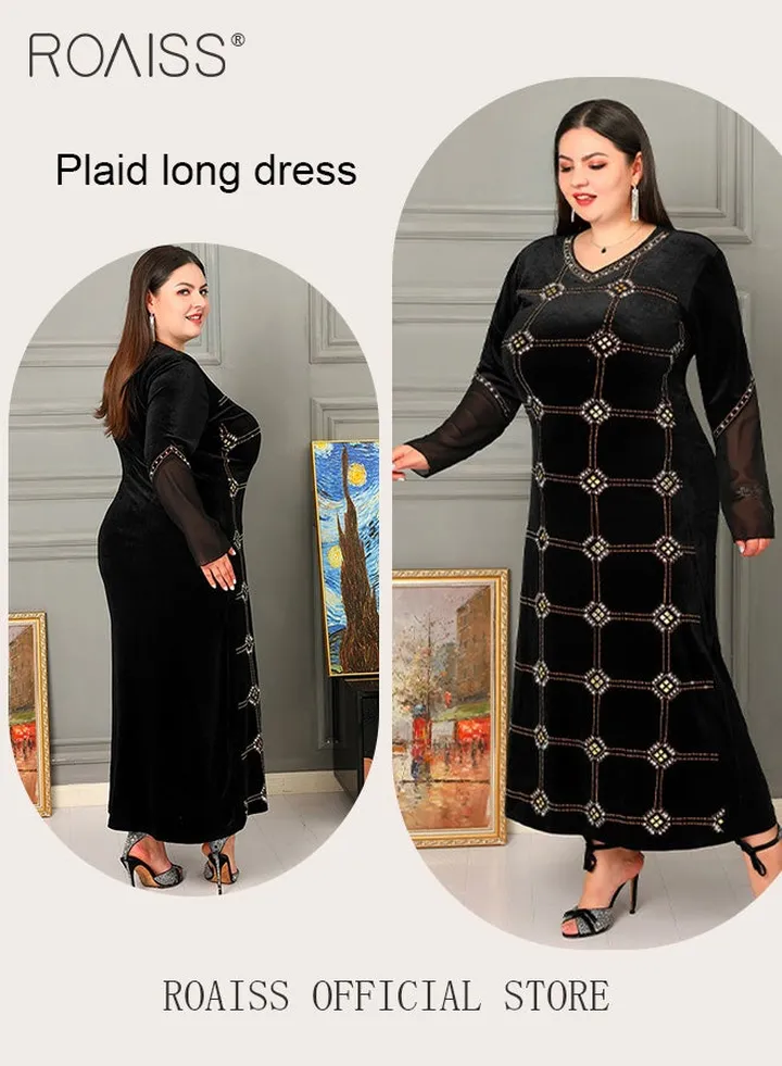 Women's Dresses Women's Long Bell Sleeve Dresses Women's Rhinestone Plaid Long Dress