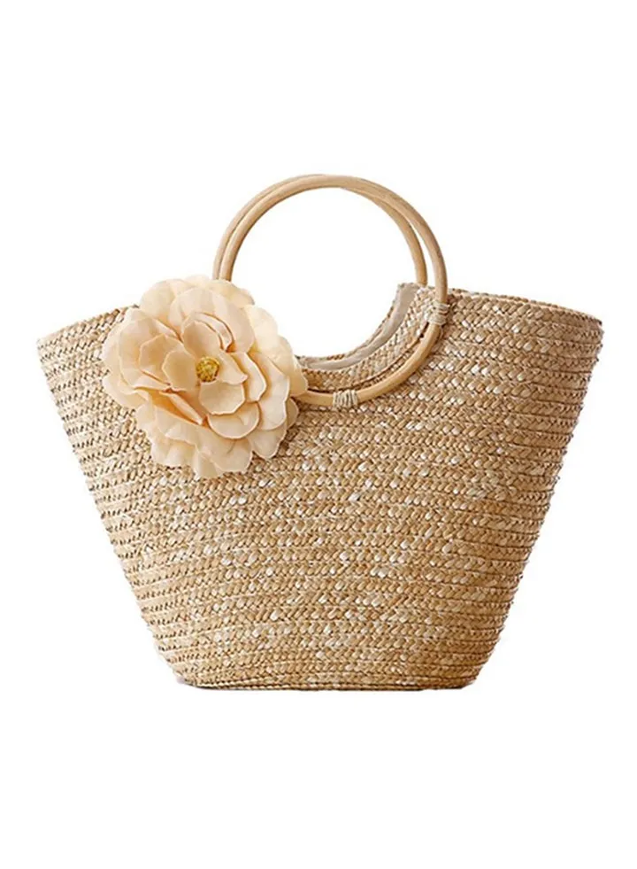 Flower Grass Woven Tote Bag Beige