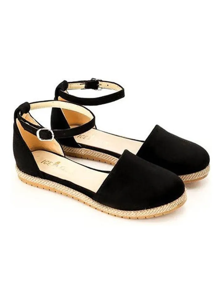 Roun Toe Suede Buckle Flats Black