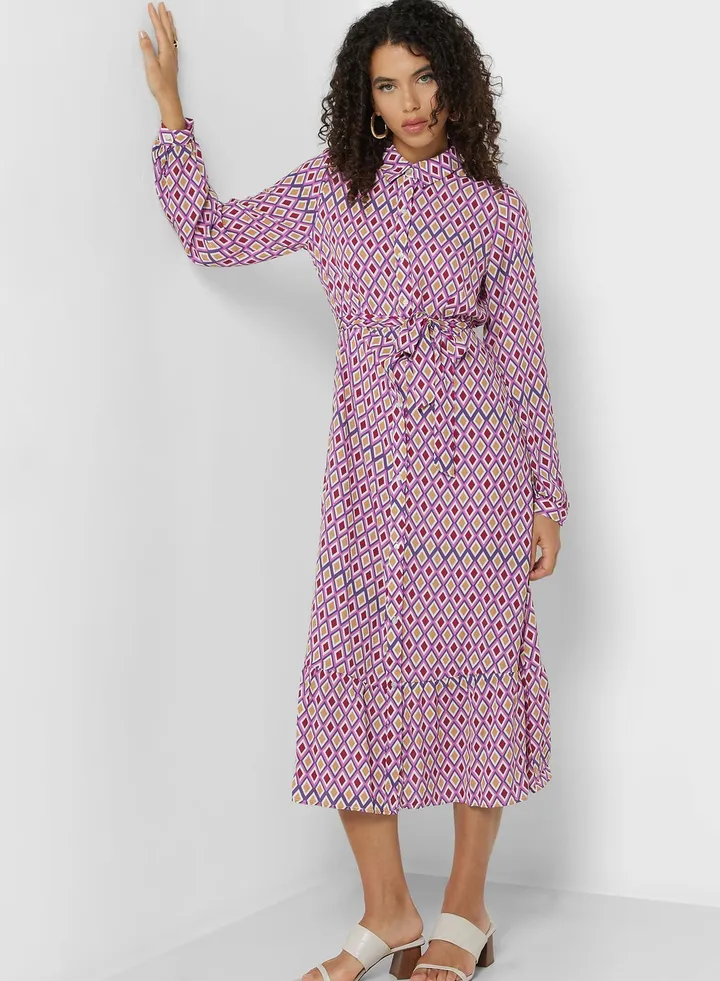 Ruffle Hem Tie Detail Shirt Dress