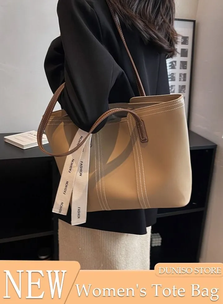 Women's Shoulder Tote Bag Faux Leather Handbag for Women Large Capacity Bucket Bag Fashionable Travel Messenger Shoulder Bag for Ladies Girls College Students (Beige)