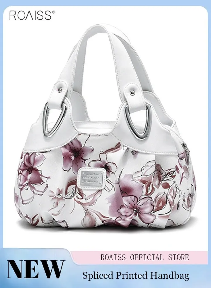 Women's PU Leather Handbag Fashion Ink Printing Pleated Large Capacity Messenger Bag