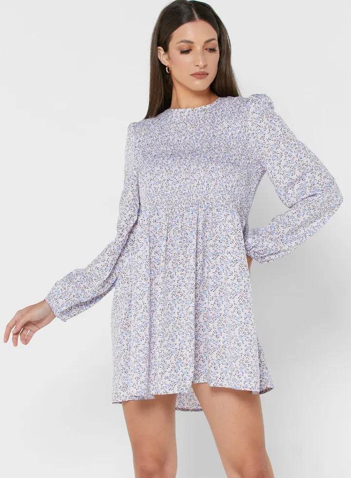 Balloon Sleeve Shirred Dress