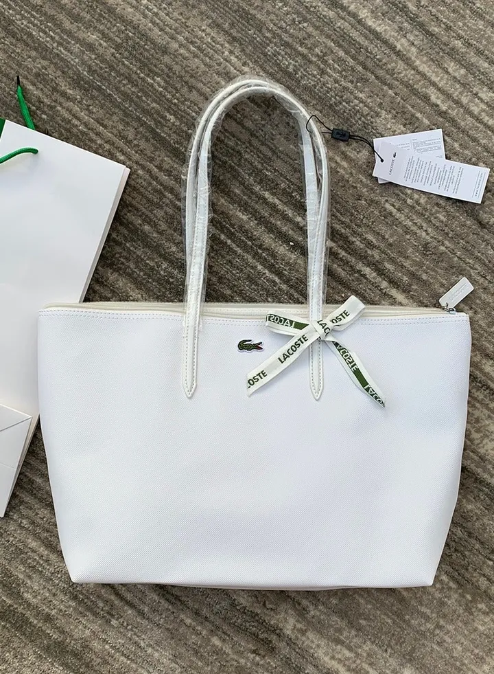 Lacoste Women's Concept Fashion Versatile Large Zipper Tote Bag Tote Bag Shoulder Bag Large Size White