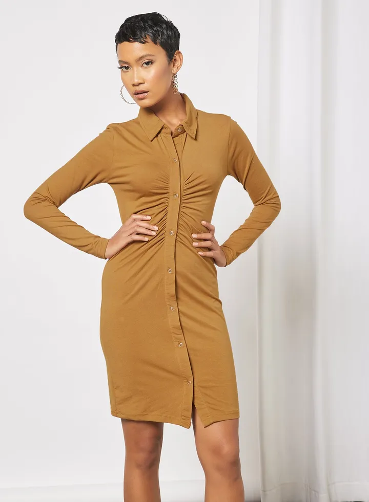 Ruched Shirt Dress Brown