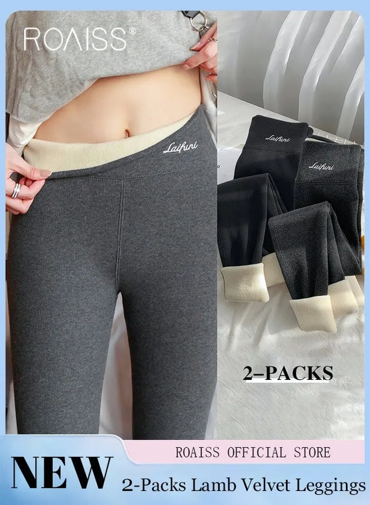 2-Piece Women Winter Warm Thick Trousers Fleece Lined Thermal Stretchy Leggings Winter High Waist Thick Warm Cashmere Lamb Fleece Pants Fluffy Slim Tights Stylish Women Yoga Leggings