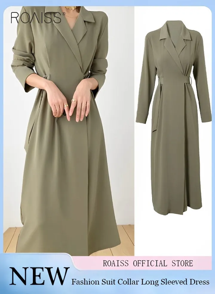 Women's Fashion Suit Dress Temperament Polo Neck Long Sleeve Waist Tight Dress Minimalist High Waisted A-Line Dress