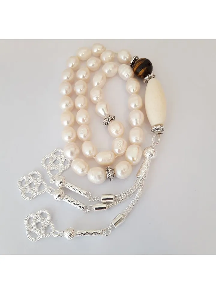 Tasbeeh Men Gift Natural Pearl, Coral and Crafted Tiger Eye Rosary Prayer Beads