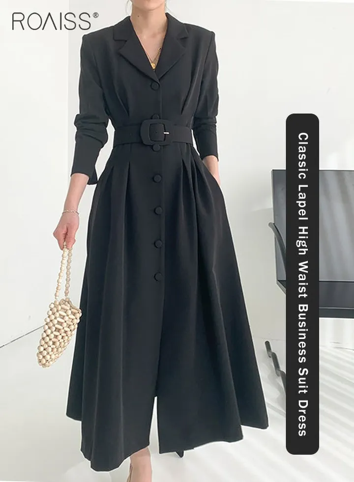 Elegant Suit Dress Women'S Fashion Business Lapel Long Sleeve High Waist Dress Single Breasted Windbreaker Style Large Skirt Dress