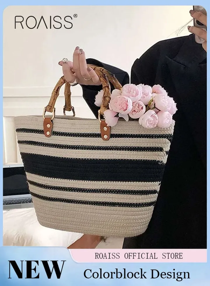 Ladies Striped Large Capacity Cotton Woven Bag Women Straw Large Tote Bag Retro Bamboo Handle Strip Beach Handbag Summer Woven Handmade Elegant Handbag