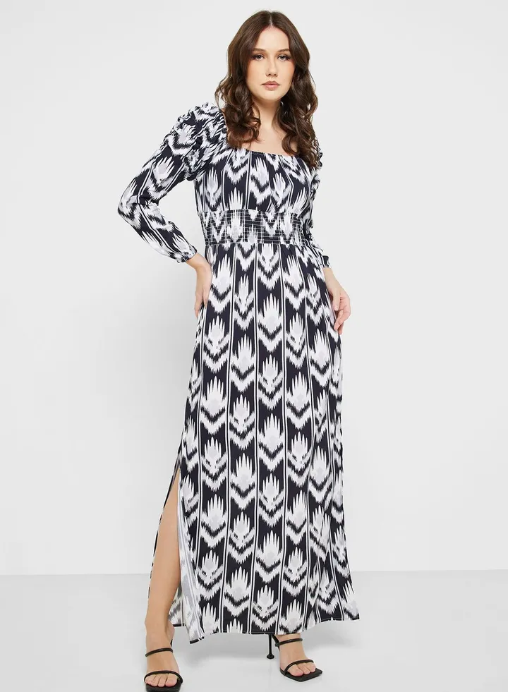 Printed Puff Shoulder Fit & Flare Dress