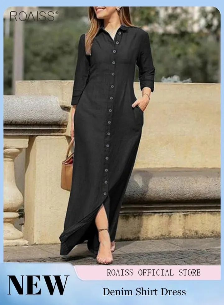 Women's Casual Shirt Dress Loose Fit Button Closure Dress With Pockets On Both Sides Lightweight Long Dress