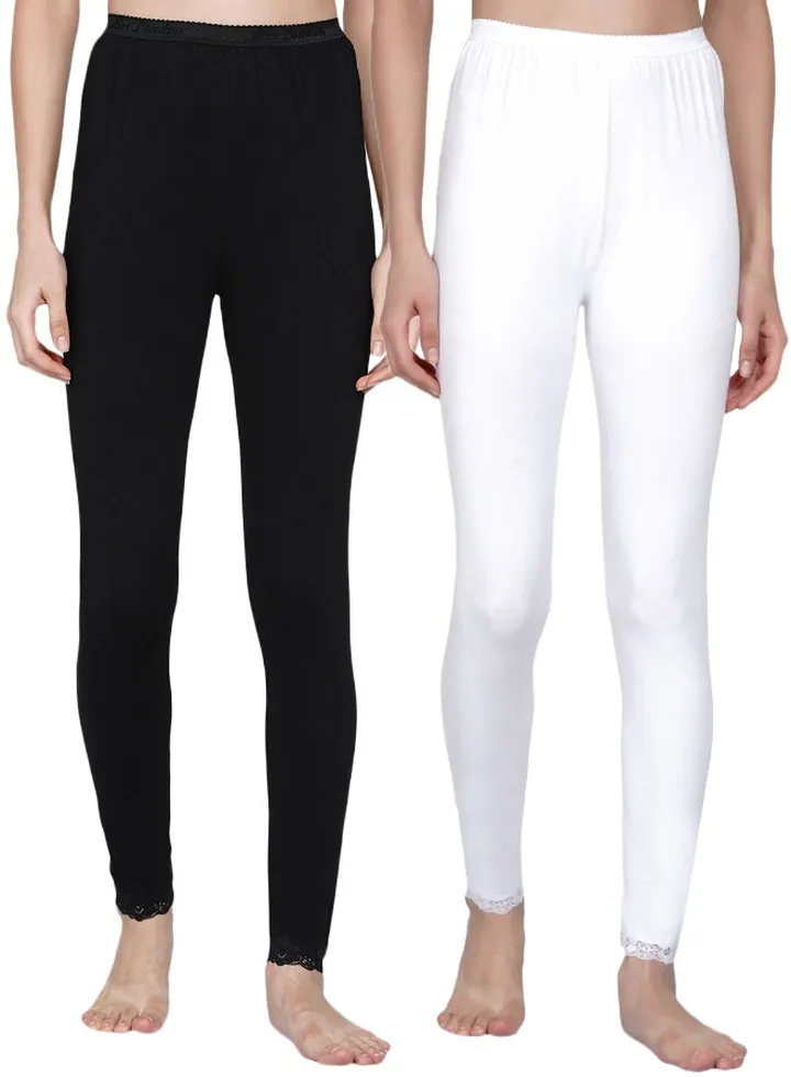 2-Piece Ultra Soft Tummy Support Stretchy Leggings Set Black/White