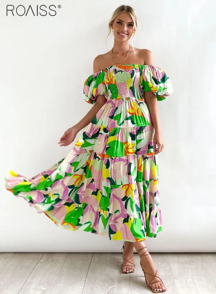 Fashion Printed One-Shoulder Dress For Daily Commuting And Vacation, Puff-Sleeved High-Waisted Large Skirt Dress