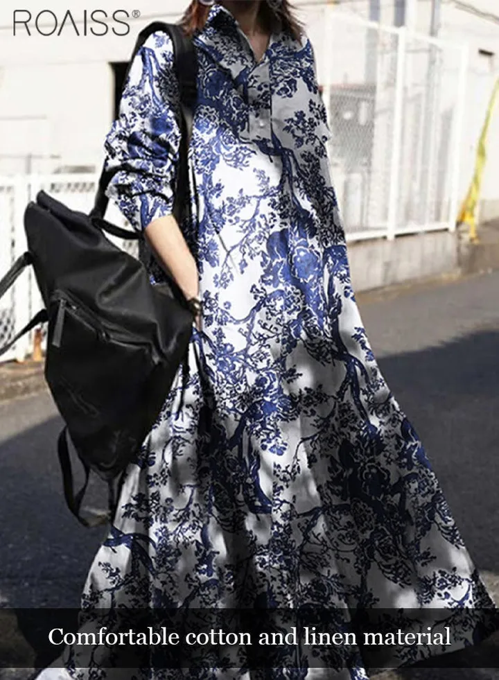 Women's Fashionable Printed Shirt Dress Comfortable Cotton Linen Material Large Hem Holiday Dress Casual Loose Fitting Long Sleeved Dress