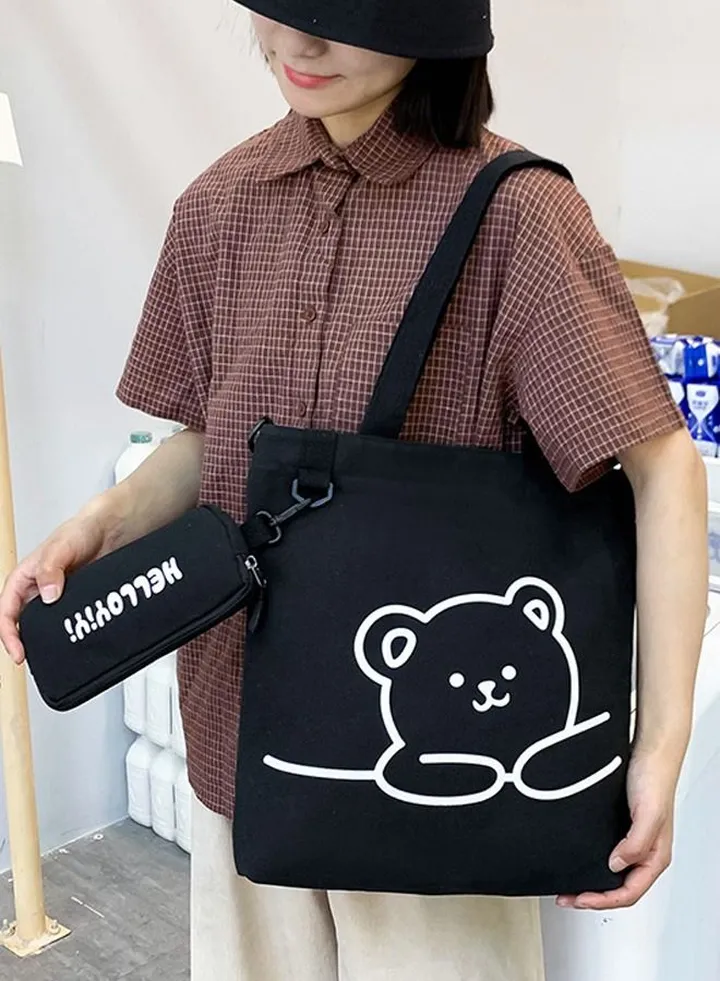 Lovely Bear Printed Student Shoulder Bag Portable Large Capacity Bookbag Foldable Tote Canvas Bag with Pencil Pouch Black
