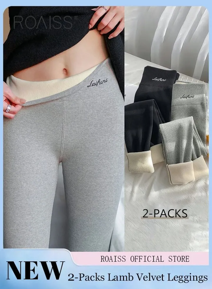 2-Piece Women Winter Warm Thick Trousers Fleece Lined Thermal Stretchy Leggings Winter High Waist Thick Warm Cashmere Lamb Fleece Pants Fluffy Slim Tights Stylish Women Yoga Leggings