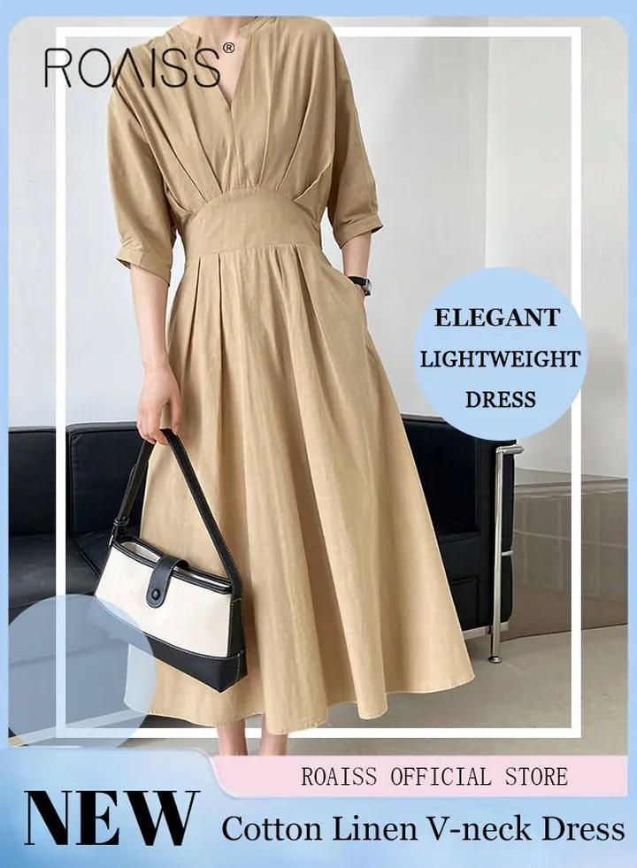 Women's Dress Lightweight V-neck Vintage Cotton Linen Waist-Cinching Dress Covering Hip Mid-length Skirt
