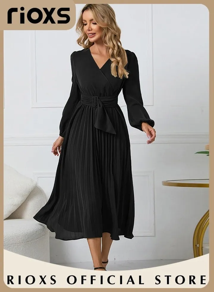 Women Casual Long Sleeve V Neck Fall Dress Bohemian Relaxed Fit Flowy Maxi Dresses Tiered Cocktail Dress