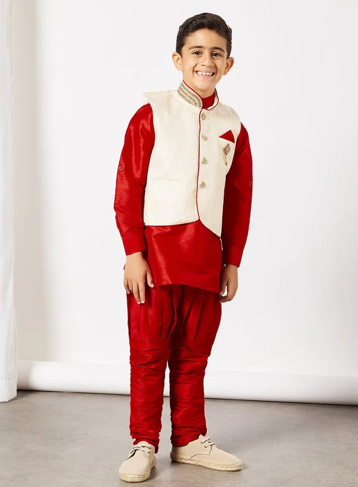 Boys Embroidered Kurta Pyjama and Waistcoat Set