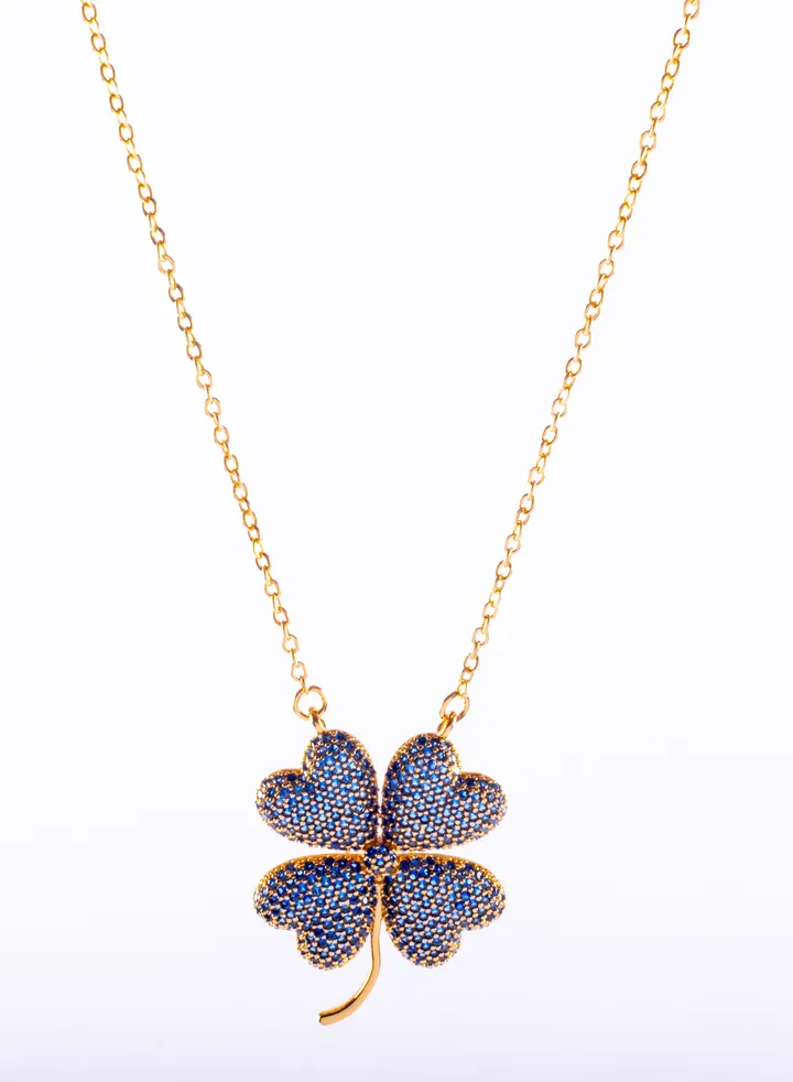 Chinese Gold Necklace with a Blue Zirconic Flower Pendant