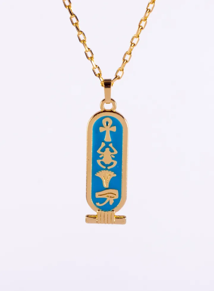 Pharonic Platinum Necklace Golden with Blue Pharonic Symbols Pendant