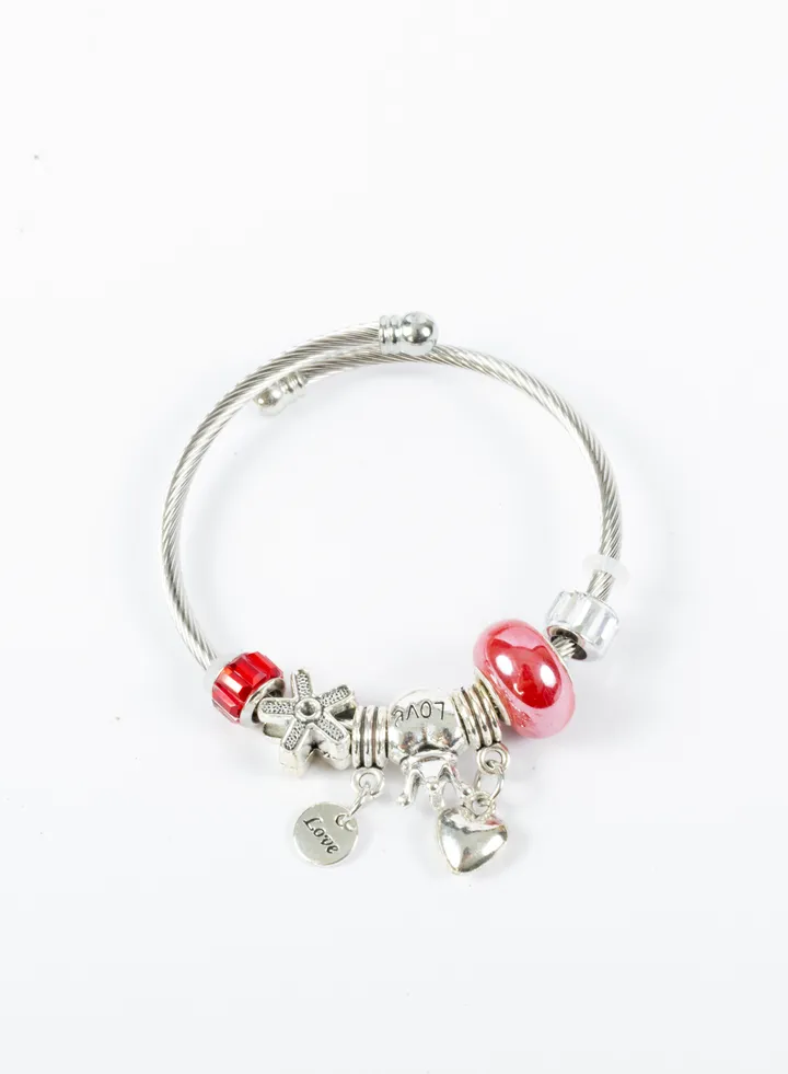 Bandora Stainless Steel Bracelet with a Heart and Crown Red