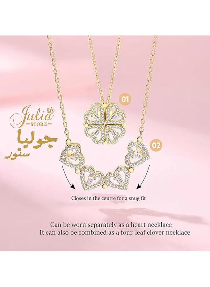 2-In-1 Lucky Clover Leaf Cute Heart Necklace Tiny 14k Gold Heart Pendant Choker Necklaces Small Gold Love Open Heart Chain Necklace for Women Dainty Gold Necklace Gifts for Her By Julia Store