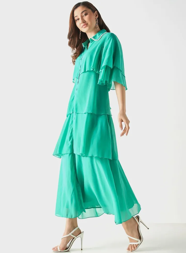Ruffled Shirt Dress With Short Sleeves