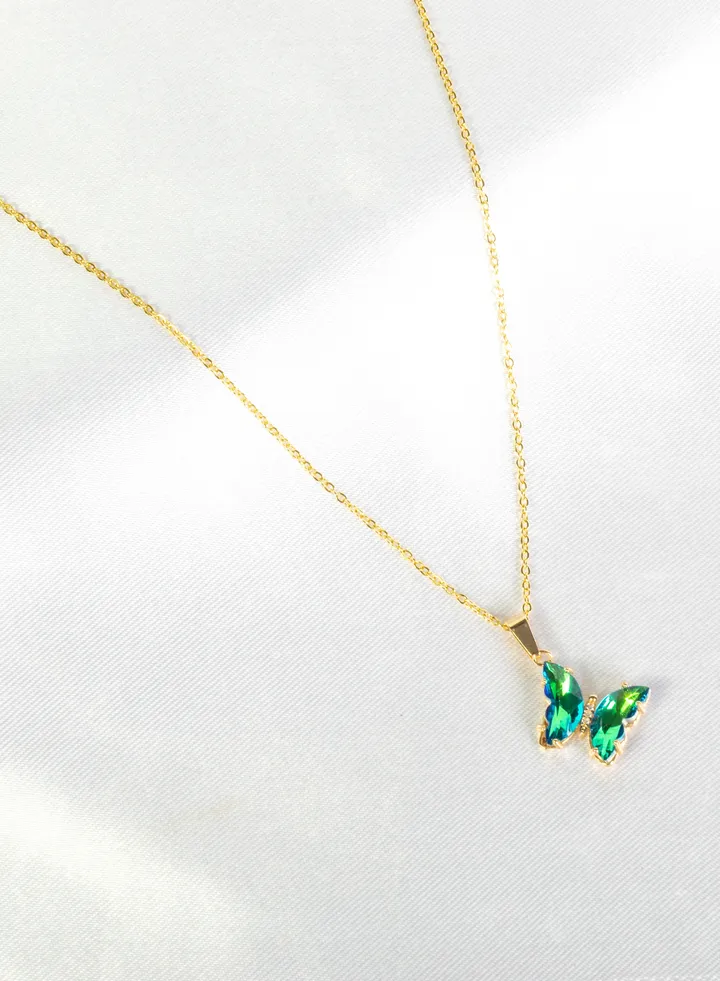Stainless Steel Necklace Gold with a Green Crystal Butterfly Pendant