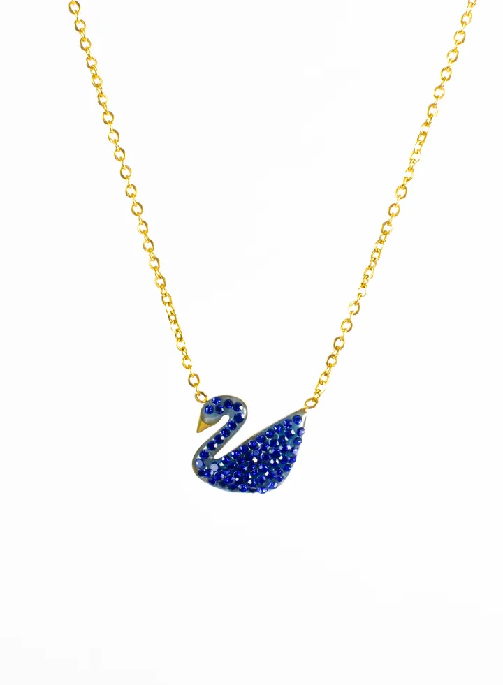 Stainless Steel Necklace Gold with a Blue Zirconic Flamingo Pendant