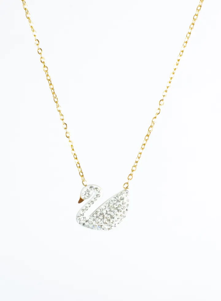 Stainless Steel Necklace Gold with a White Zirconic Flamingo Pendant