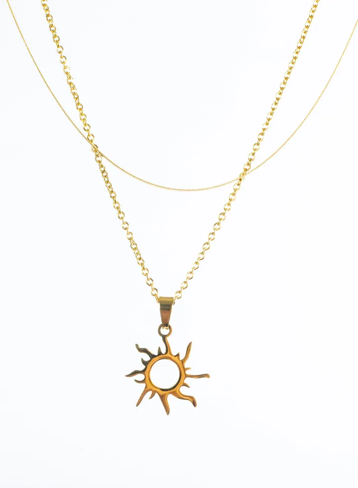 Stainless Steel Necklace 2 Layers skin Back with a Rapozil Sun Pendant